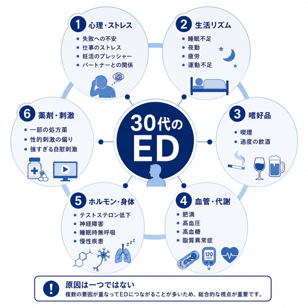 30代のEDに関係する心理・生活・血管・ホルモン・薬剤などの原因
