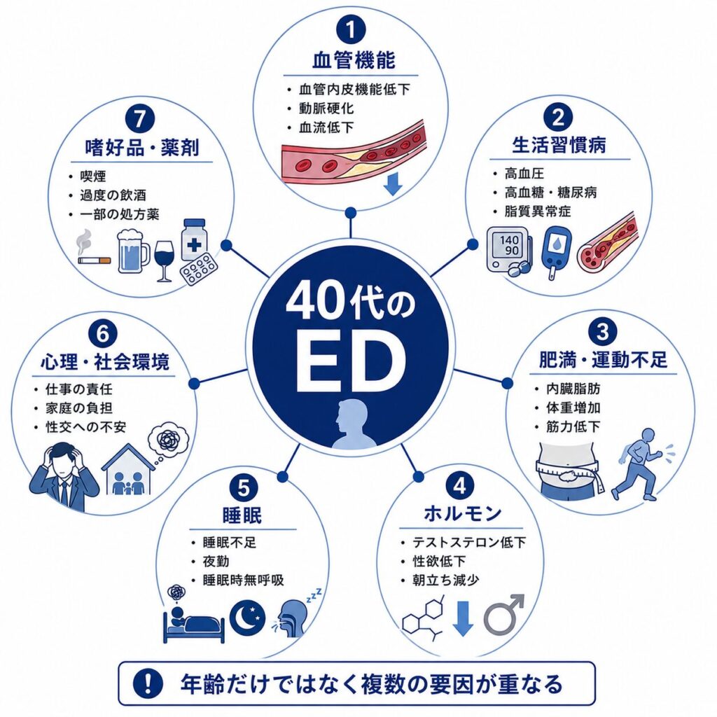 40代のEDに関係する血管・生活習慣病・ホルモン・睡眠などの原因