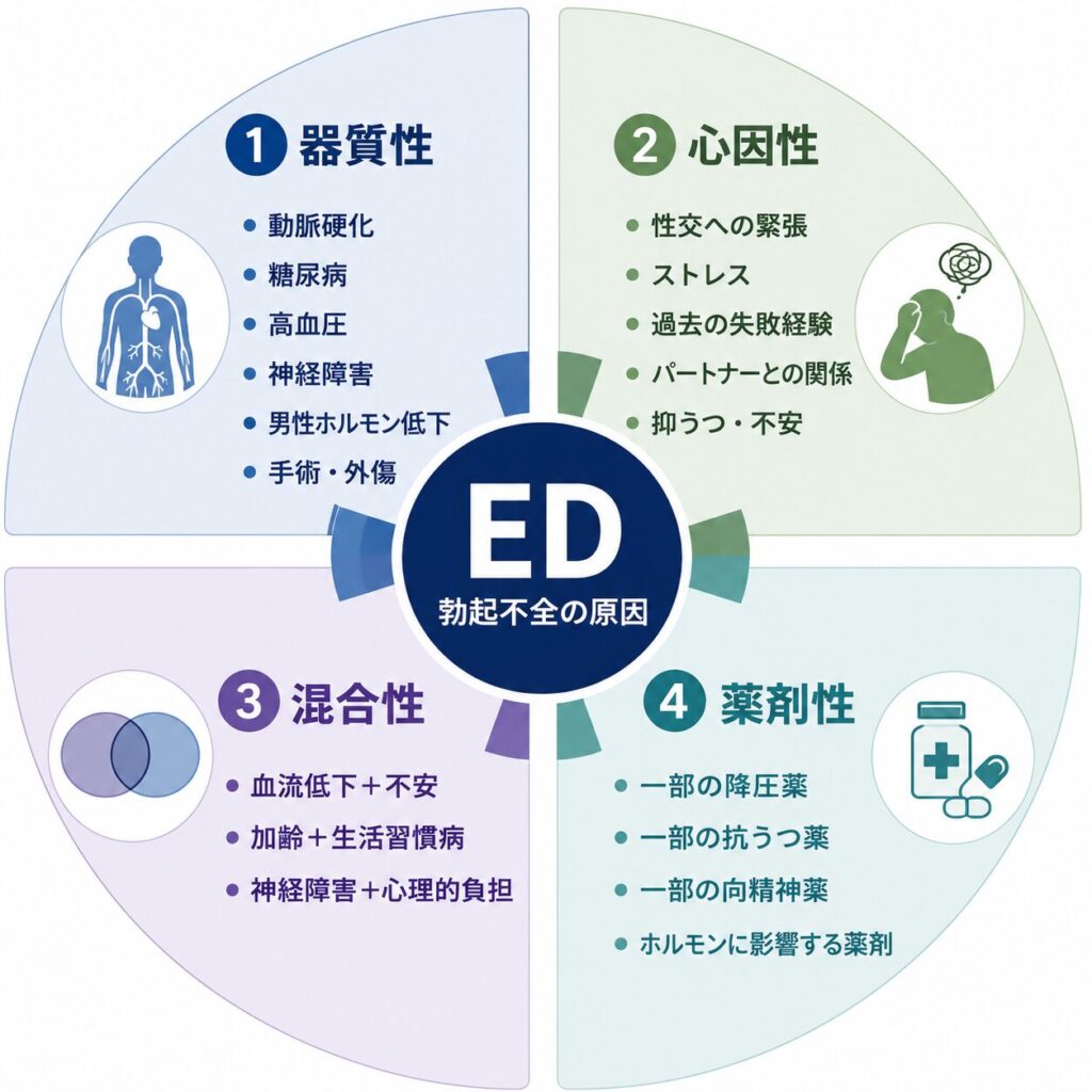 EDの原因を器質性・心因性・混合性・薬剤性に分類した図