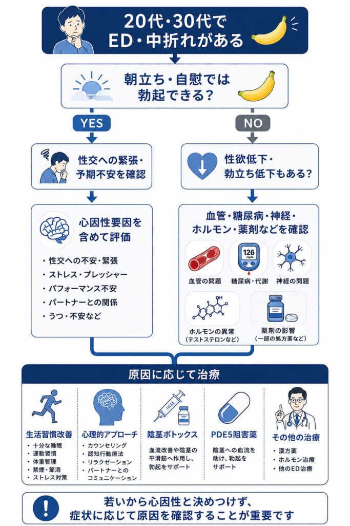 20代・30代の若年性EDで心因性要因や身体的原因を確認する流れ