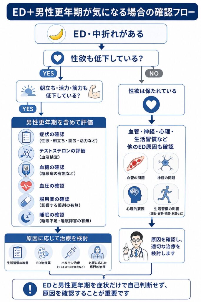 EDと性欲低下や朝立ち減少から男性更年期を確認する流れ