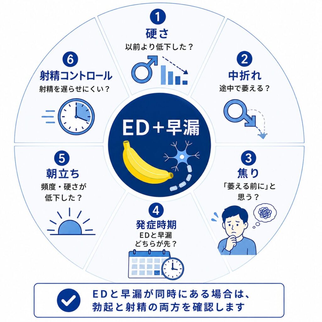 EDと早漏で確認する硬さ・中折れ・焦り・発症時期・朝立ち・射精コントロール