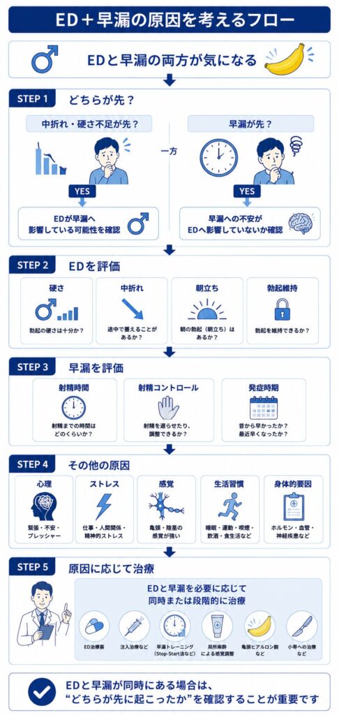 EDと早漏のどちらが先に起こったかを確認して原因と治療方針を考える流れ