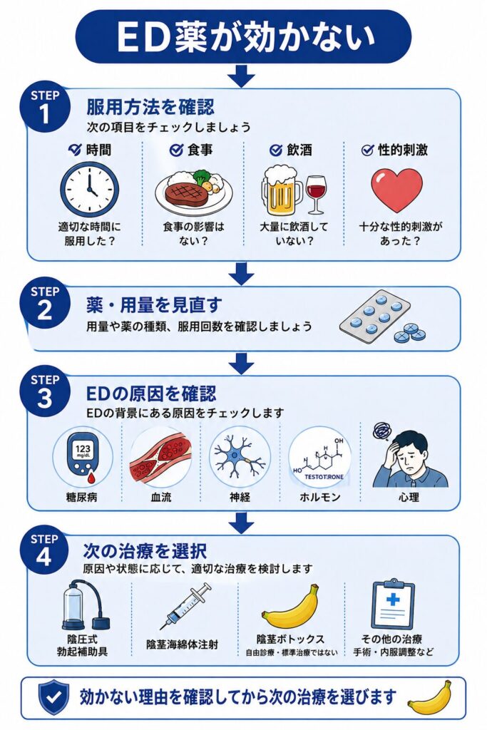 ED治療薬が効かない場合に服用方法を確認して次の治療を選ぶ流れ