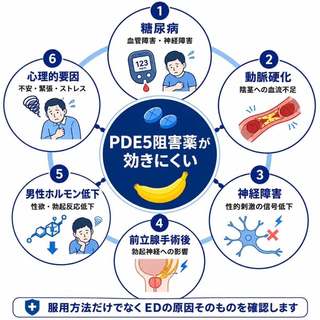 ED治療薬を正しく飲んでも効果が弱い糖尿病・血流障害・神経障害などの原因