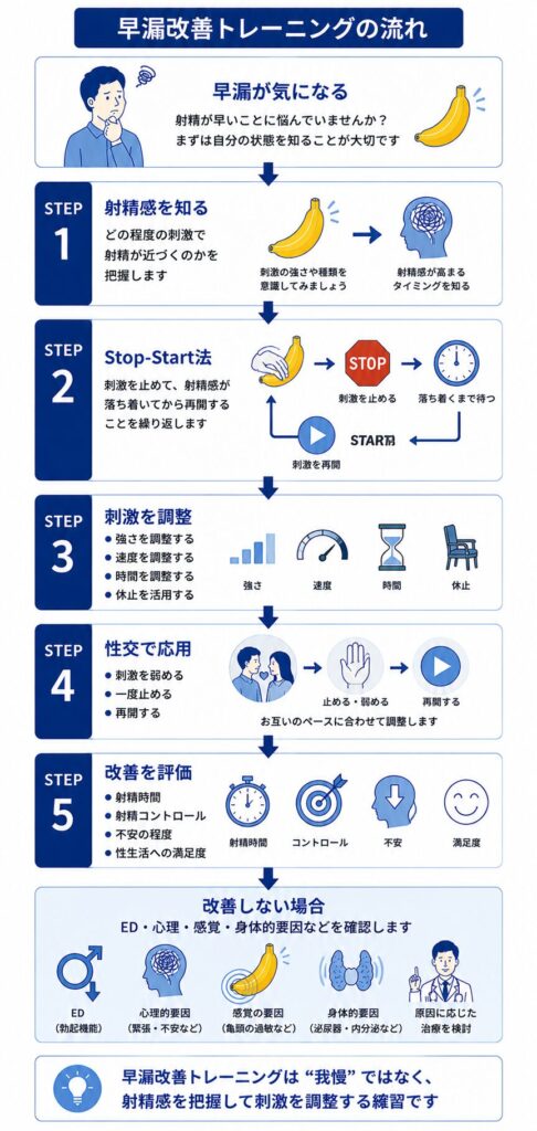 Stop-Start法で射精感を確認し刺激を止めて再開しながら射精コントロールを練習する流れ