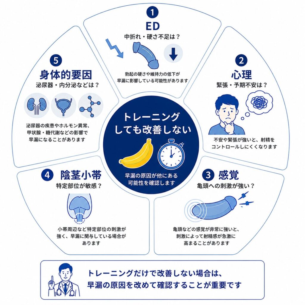 Stop-Start法で早漏が改善しない場合にED・心理・感覚・陰茎小帯・身体的要因を確認する図