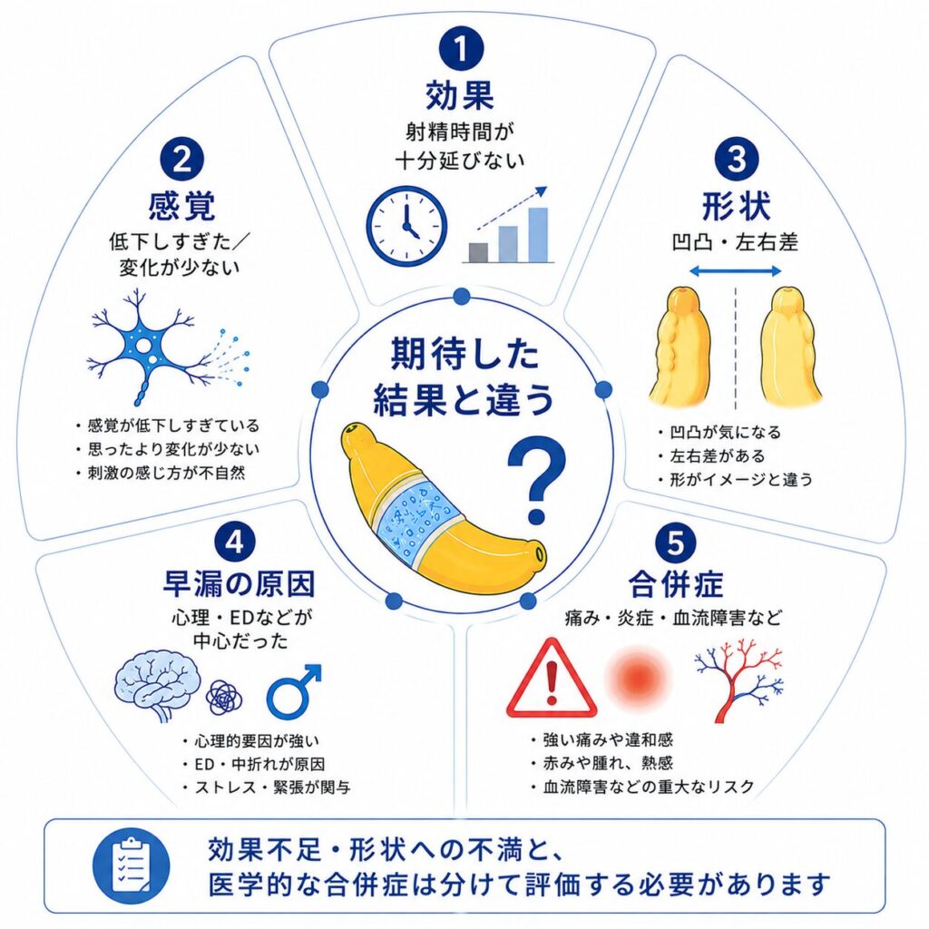 亀頭ヒアルロン酸で期待した結果と違う場合に確認する効果・感覚・形状・早漏の原因・合併症