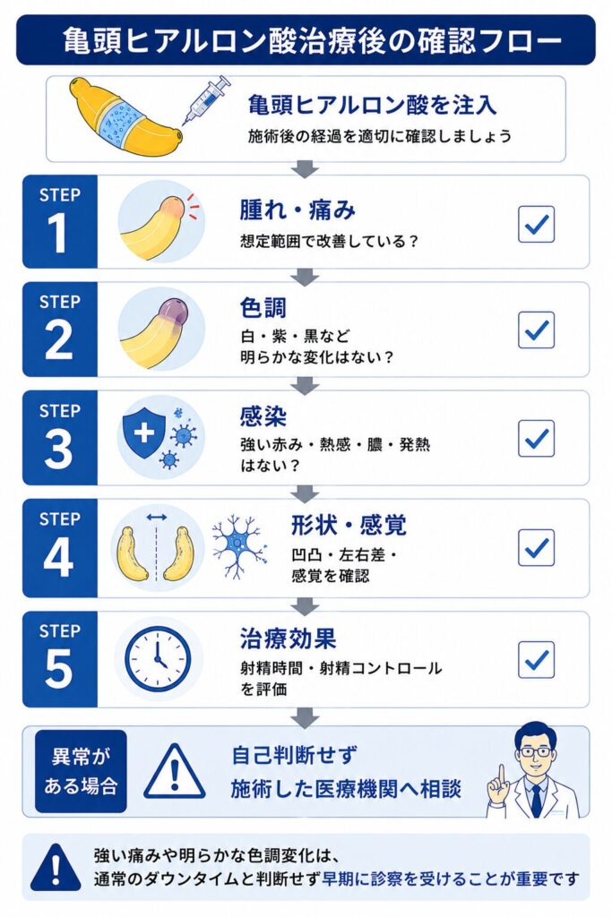 亀頭ヒアルロン酸注入後に腫れ・痛み・色調変化・感染・形状・感覚を確認する流れ