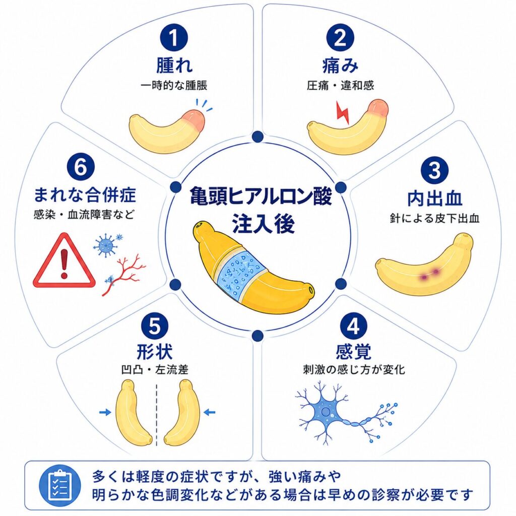 亀頭ヒアルロン酸注入後に起こる可能性がある腫れ・痛み・内出血・感覚変化・凹凸・血流障害