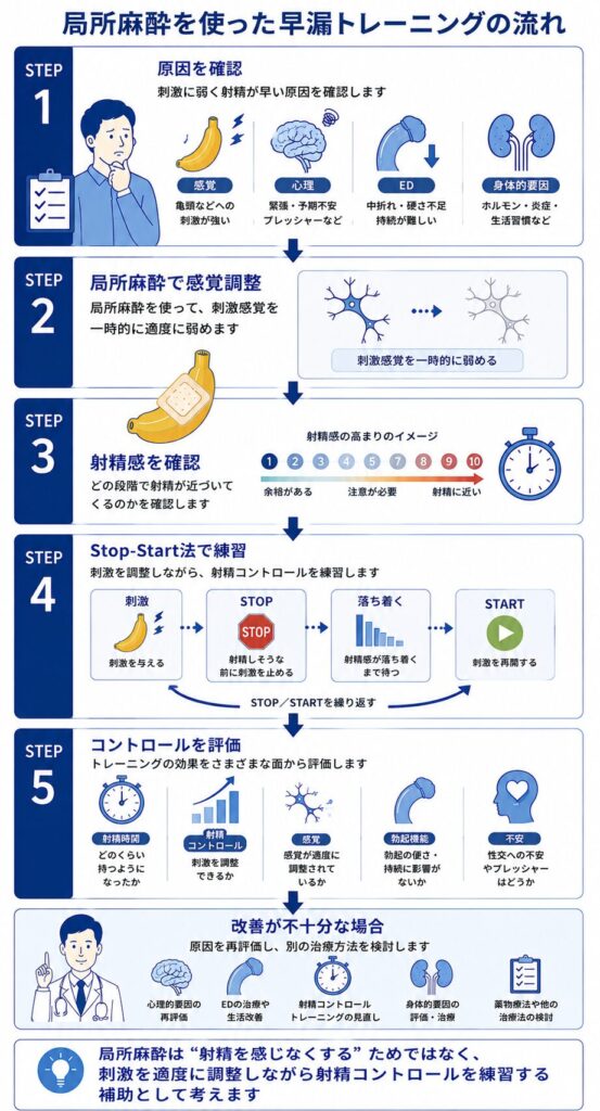 局所麻酔で亀頭への刺激感覚を調整しStop-Start法で射精コントロールを練習する流れ