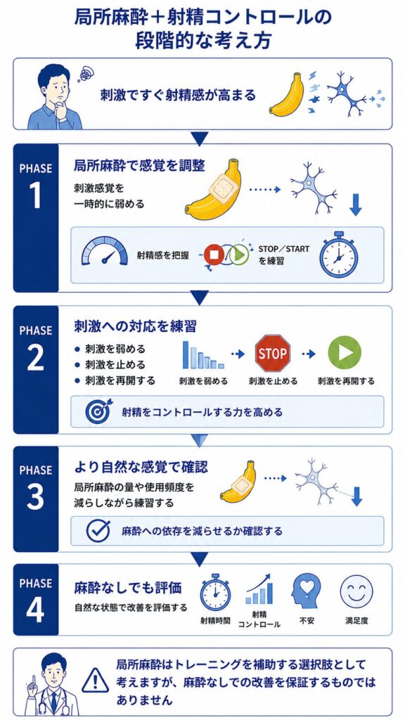 局所麻酔で感覚を調整しながら射精コントロールを練習し自然な感覚で再評価する流れ