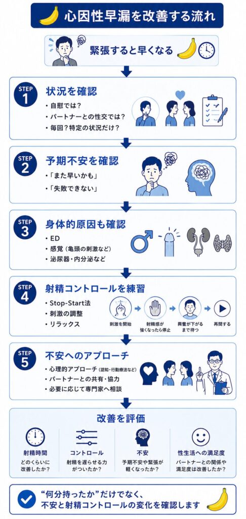 心因性早漏で予期不安や身体的原因を確認し射精コントロールを改善する流れ