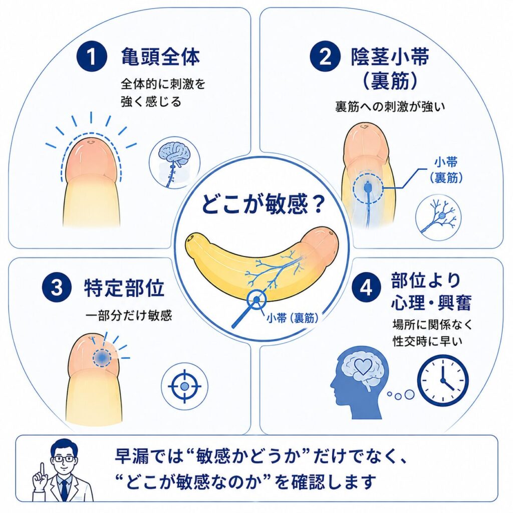 早漏で亀頭全体・陰茎小帯・特定部位のどこを敏感に感じるか確認する図