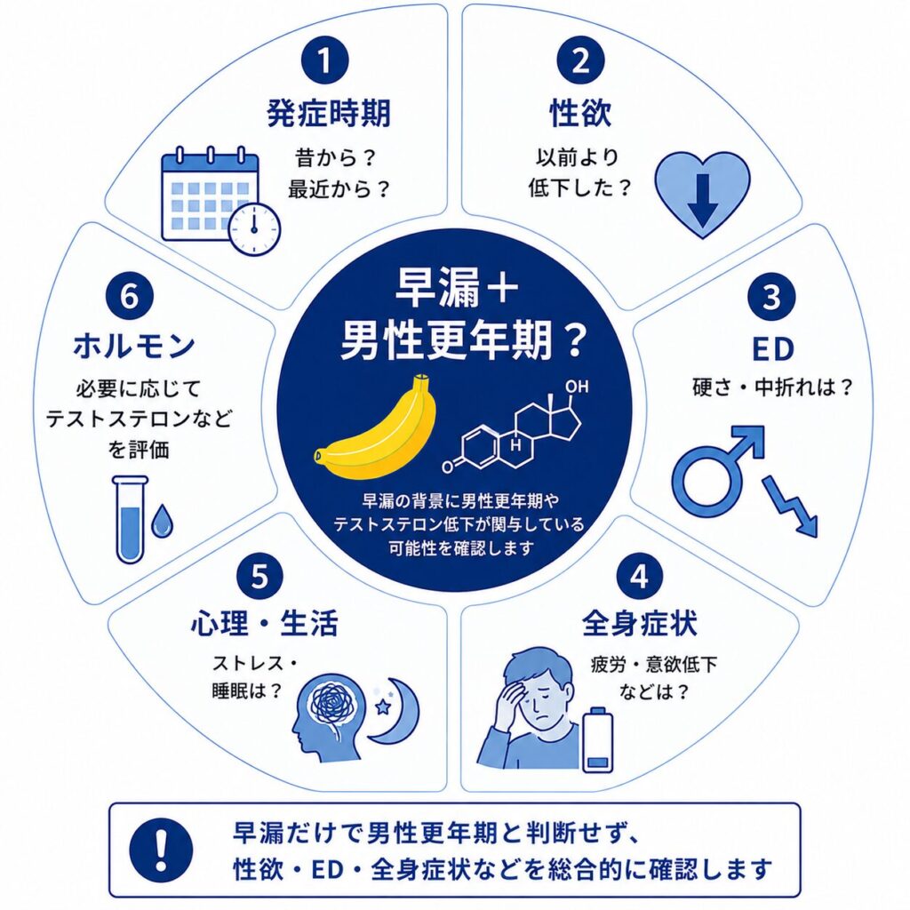 早漏と男性更年期で確認する発症時期・性欲・ED・全身症状・テストステロン