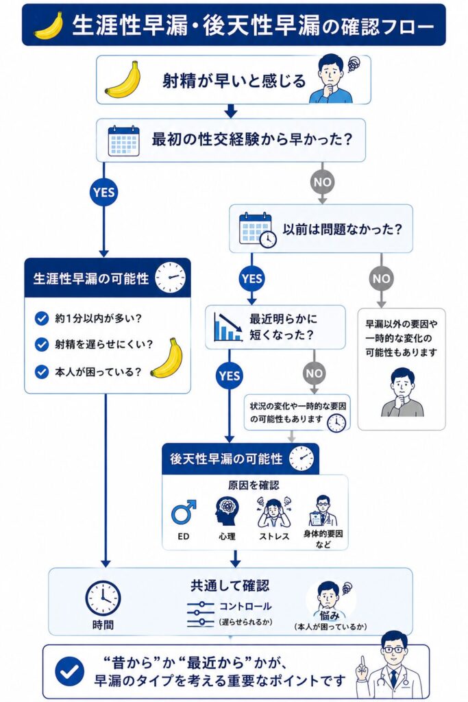 最初の性交経験から早い生涯性早漏と途中から早くなった後天性早漏を確認する流れ