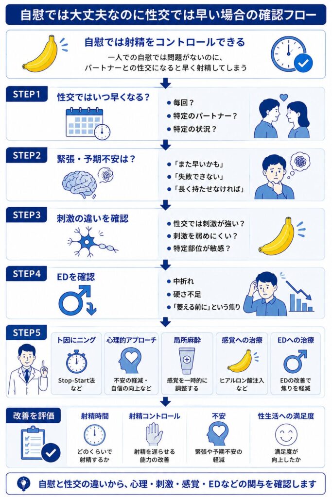 自慰では大丈夫なのに性交では早漏になる場合に心理・刺激・感覚・EDを確認する流れ