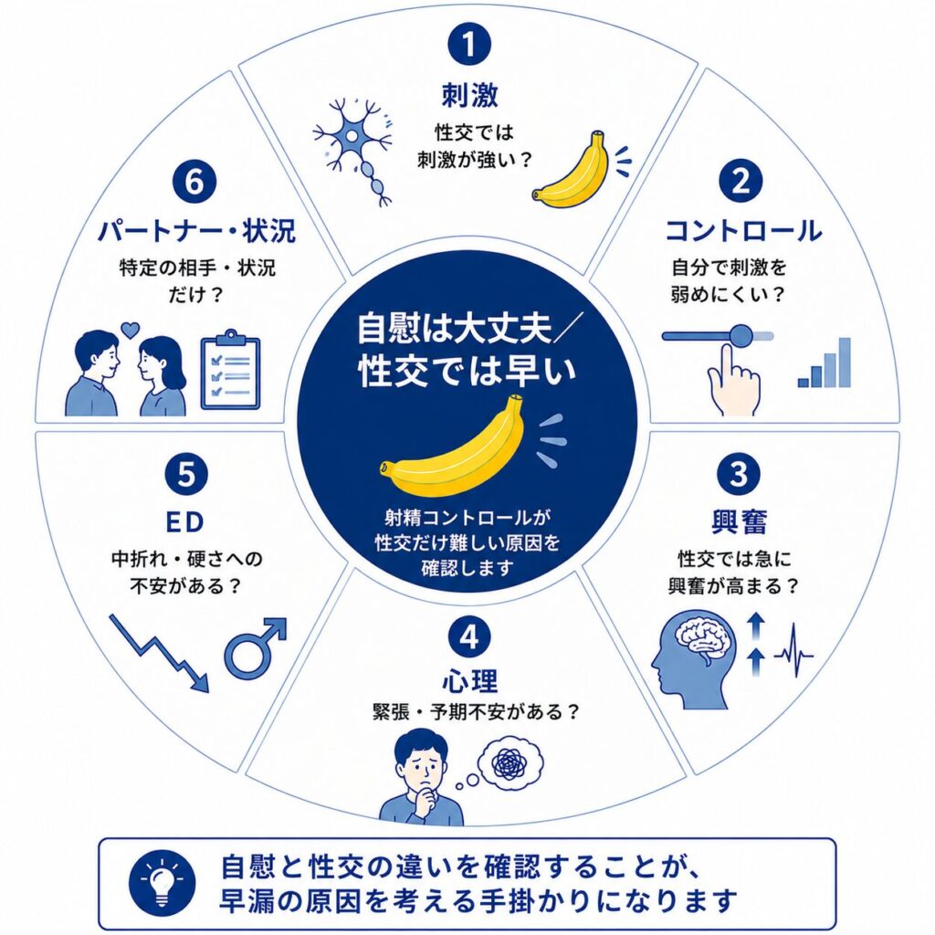 自慰では大丈夫なのに性交では早漏になる場合に確認する刺激・心理・EDなど6つのポイント