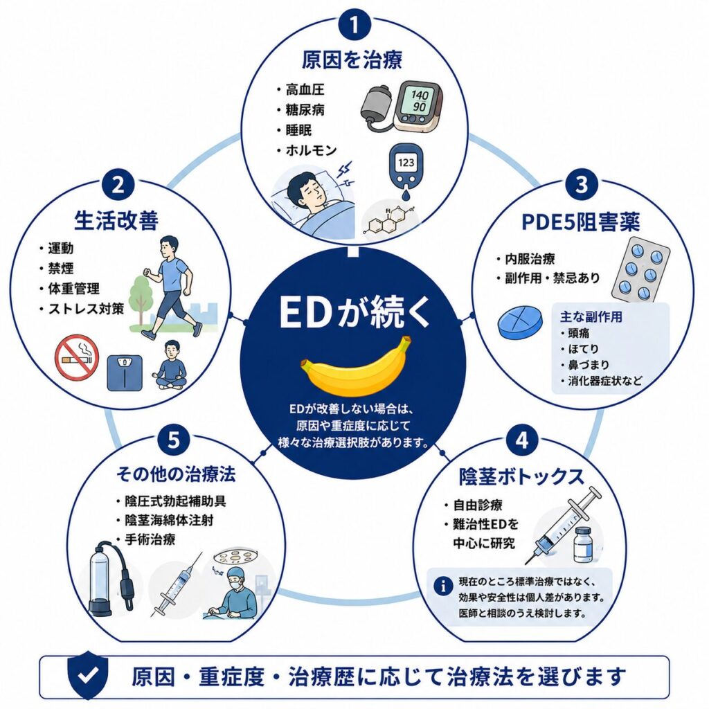 自然改善しないEDに対する生活改善・薬物療法・陰茎ボトックスなどの治療選択
