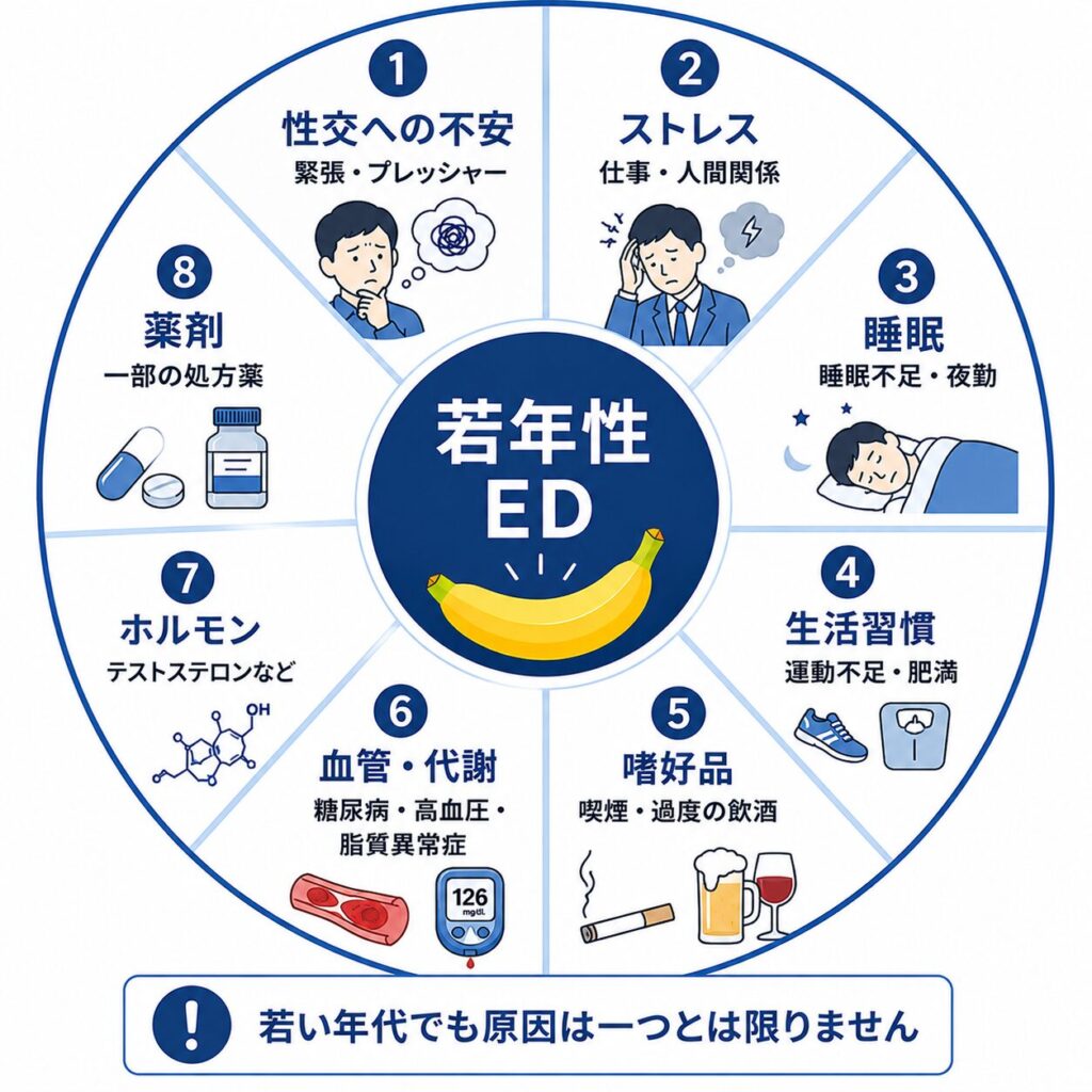 若年性EDに関係する性交への不安・ストレス・睡眠・生活習慣・血管などの原因