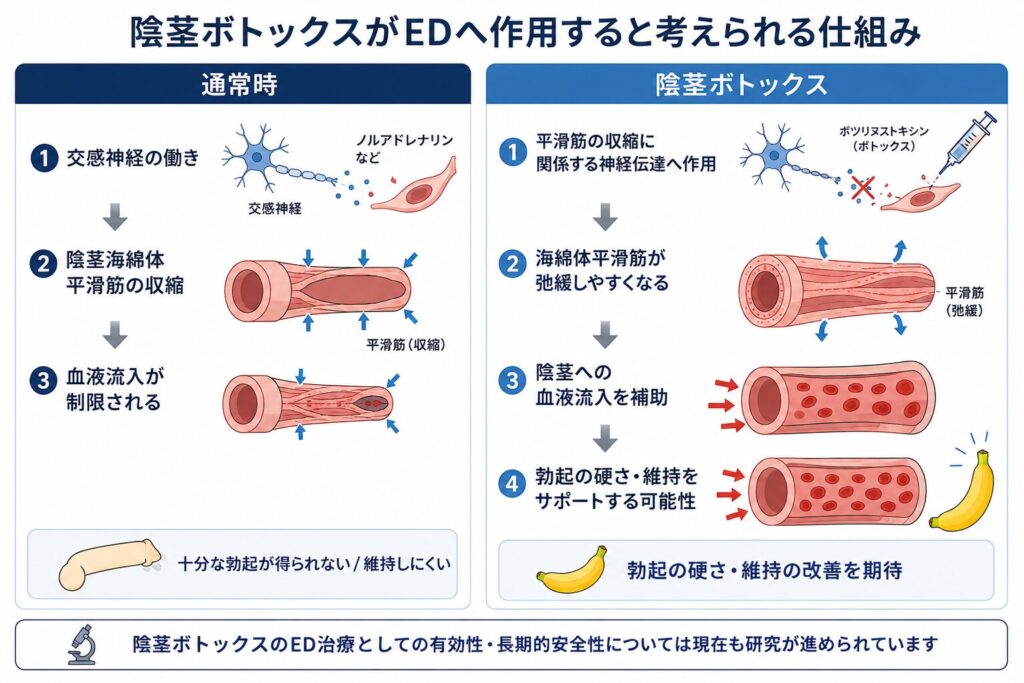 陰茎ボトックスによって陰茎海綿体平滑筋が弛緩し血液流入を補助する仕組み