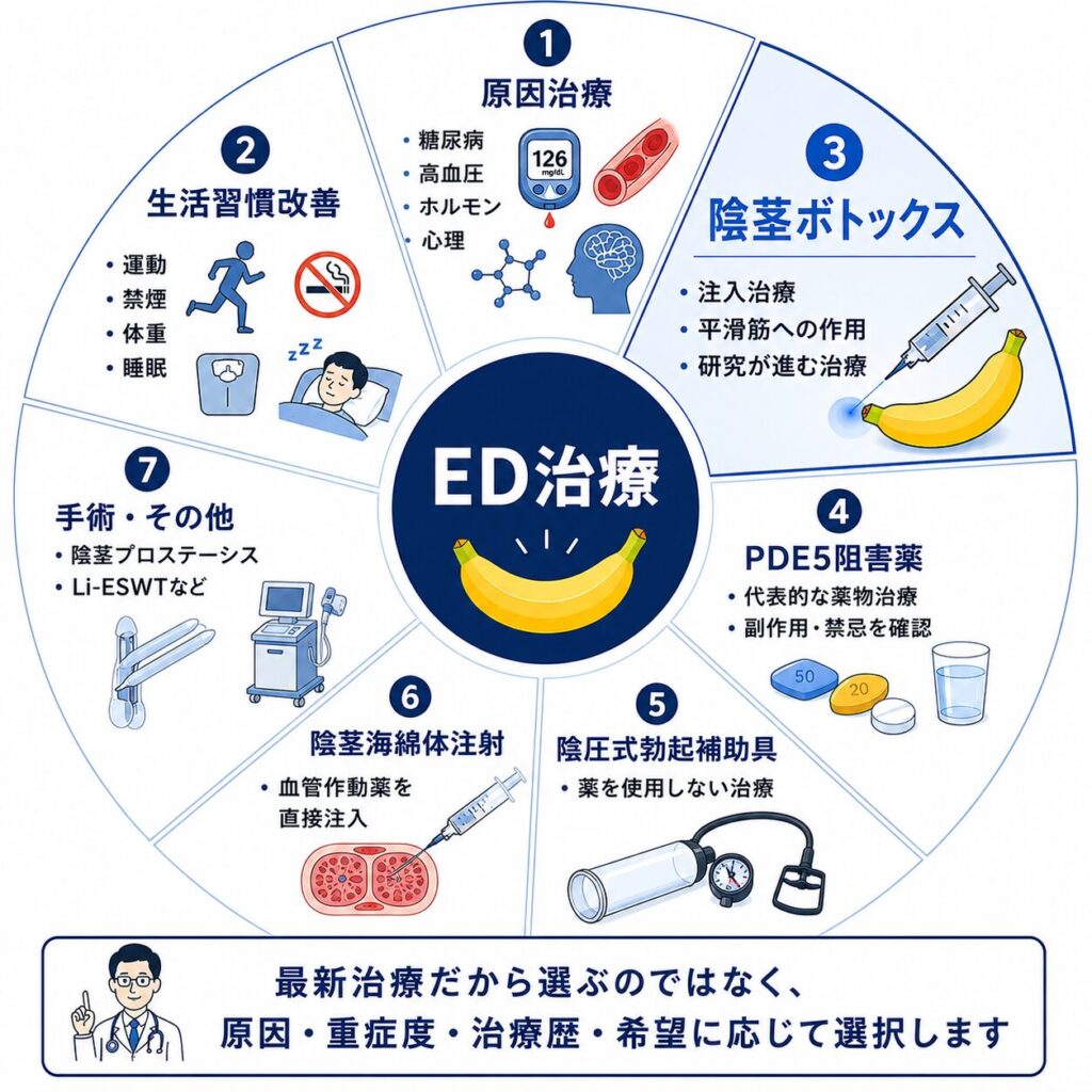 陰茎ボトックス・ED治療薬・陰圧式勃起補助具・海綿体注射などEDの最新治療