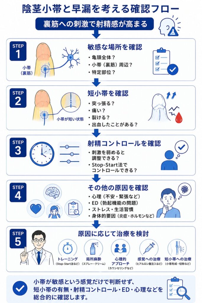 陰茎小帯が敏感で早漏が気になる場合に短小帯・射精コントロール・心理・EDを確認する流れ