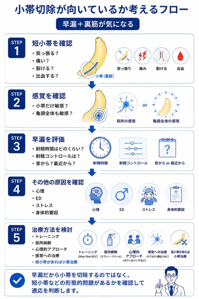 早漏と陰茎小帯の症状から短小帯・感覚・射精コントロール・EDを確認して小帯治療の適応を判断する流れ