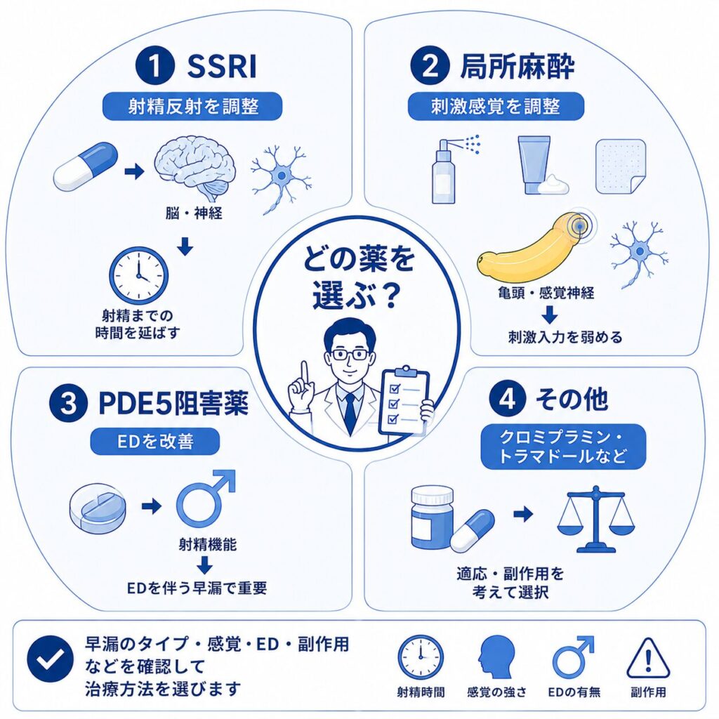 早漏治療に使用されるSSRI・局所麻酔・PDE5阻害薬・その他の薬剤の違い