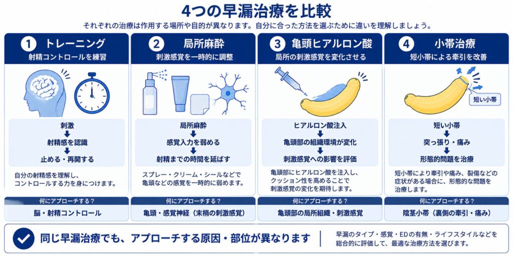 早漏治療のトレーニング・局所麻酔・亀頭ヒアルロン酸・小帯治療が作用する場所の違い