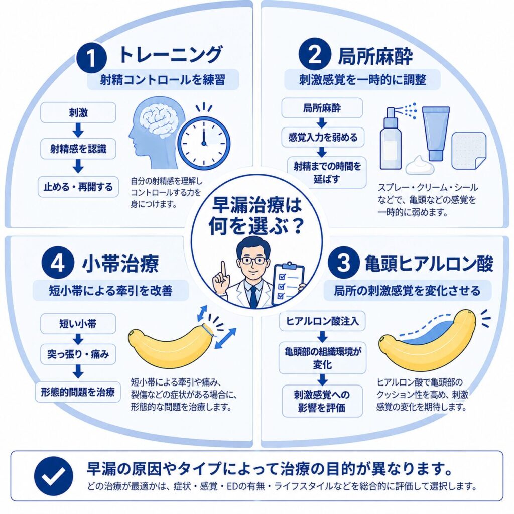 早漏治療のトレーニング・局所麻酔・亀頭ヒアルロン酸・小帯治療の違い